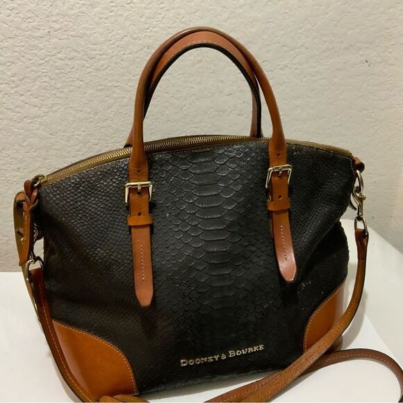 Dooney & Bourke Black Brown  Leather Python Exotic Satchel Buckle Handbag - Picture 3 of 13